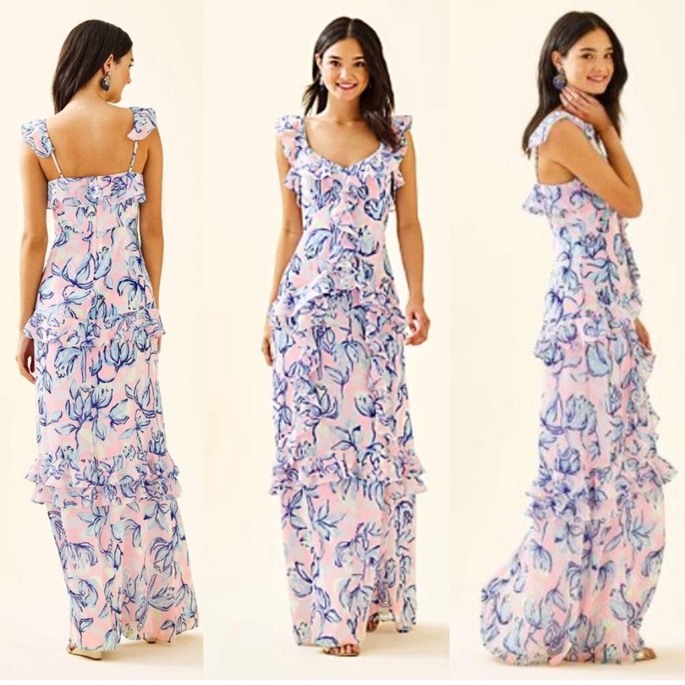 NWOT Lilly Pulitzer Riland Ruffled Maxi Dress Sweet Pea Pink Chasing the Sun